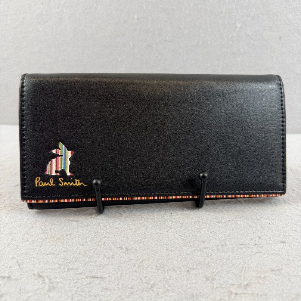 Paul Smith Black Leather Continental Wallet Multi Stripe Rabbit Logo Long Bifold